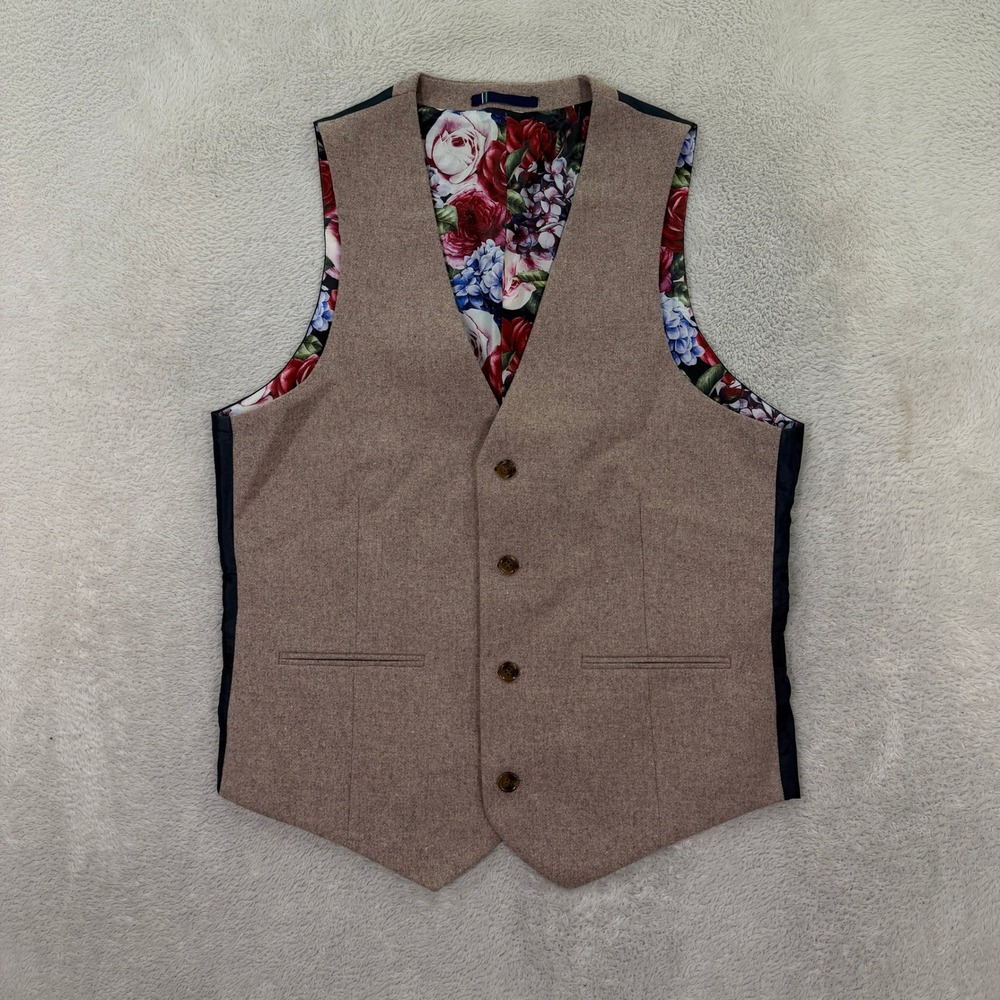 Men's Taupe Wool-Blend Vest with Floral Lining